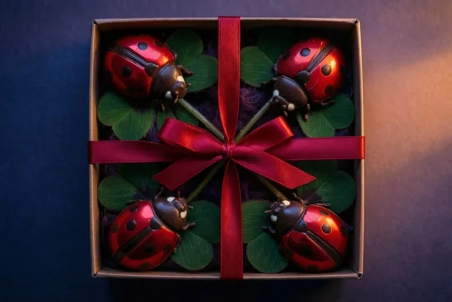 Van bovenaf zijn vier chocolade lieveheersbeestjes op stokjes te zien, elk op een groen klavertjevier in een kartonnen doos met een rood lint tegen een donkerblauwe achtergrond.