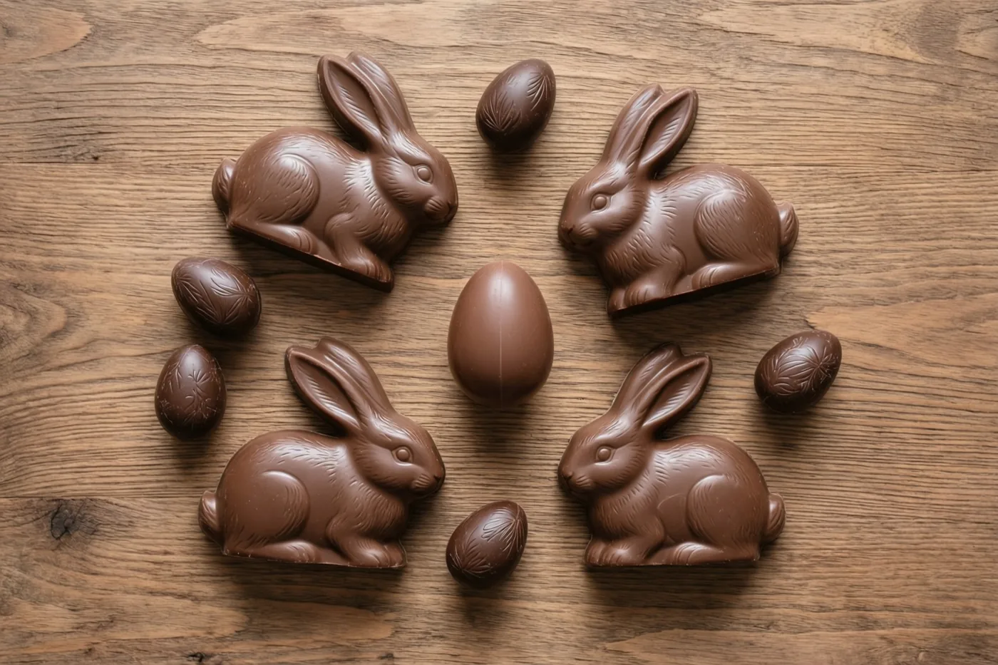 Vier chocoladehaasjes en verschillende chocolade-eieren staan op een houten tafel in warme bruintinten.