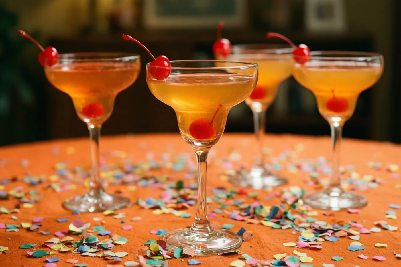 Vier cocktailglazen met kersen staan op een oranje tafelkleed dat met kleurrijke confetti is bestrooid, in warme tinten.