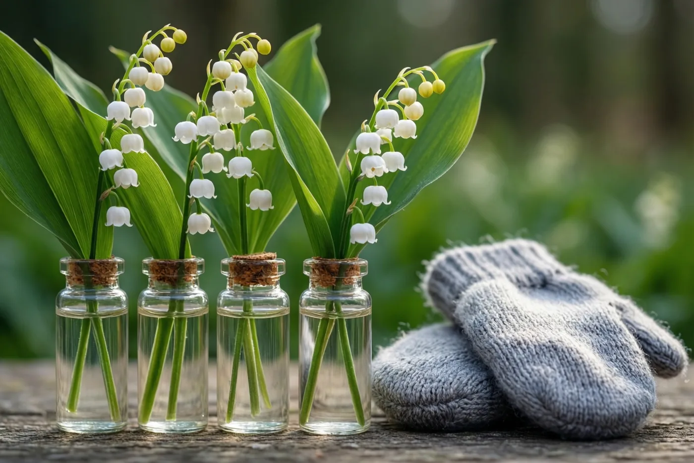 Vier glazen flesjes met meiklokjes staan op een houten ondergrond naast grijze gebreide babywantjes, met een onscherpe groene achtergrond.