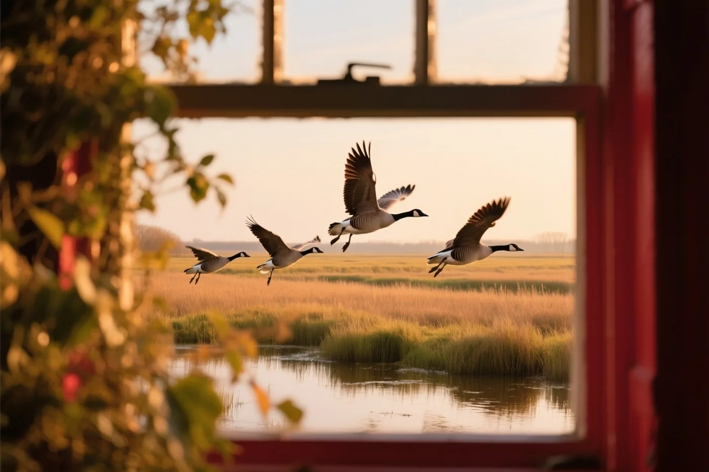 Vier wilde ganzen dalen bij zonsondergang af naar een ondergelopen polderweide, gezien door een rood raam met onscherp loof op de voorgrond.