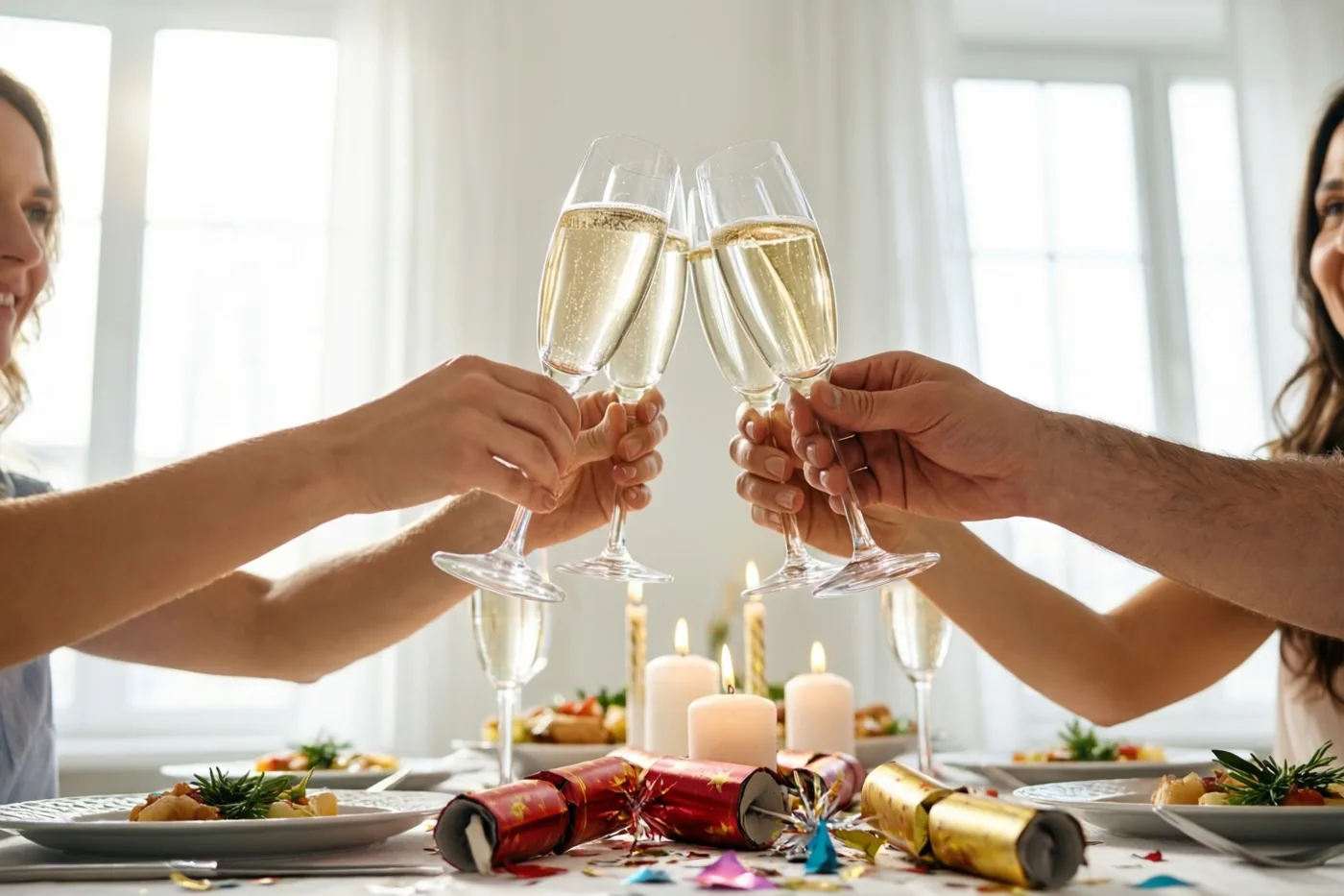 Vier handen klinken met champagneglazen boven een feestelijk gedekte eettafel met rode en gouden knalbonbons en brandende kaarsen.