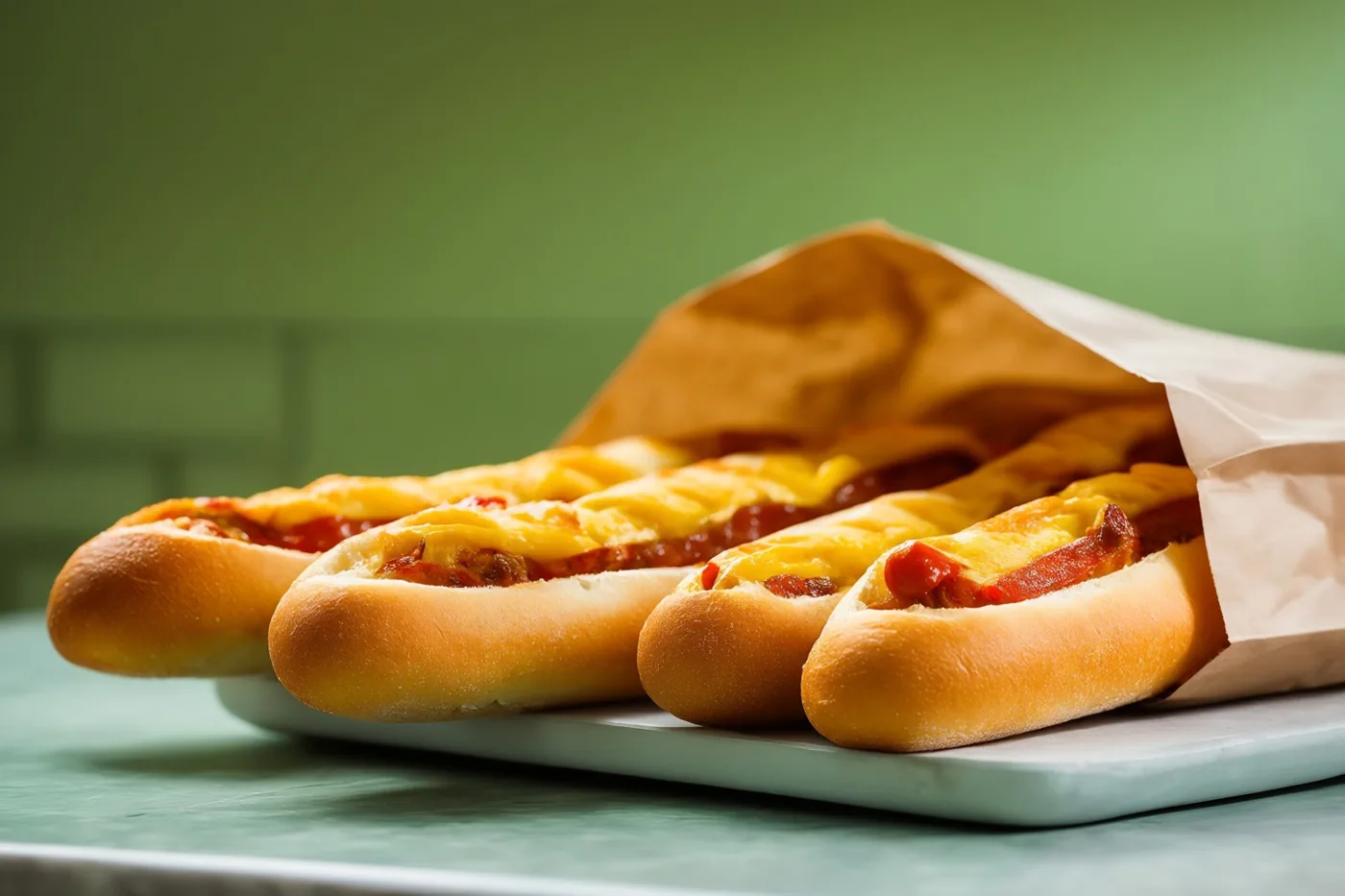 Vier hotdogs met gesmolten kaas en ketchup liggen op een wit dienblad, deels uit een bruine papieren zak, tegen een groene achtergrond op een groen werkblad.