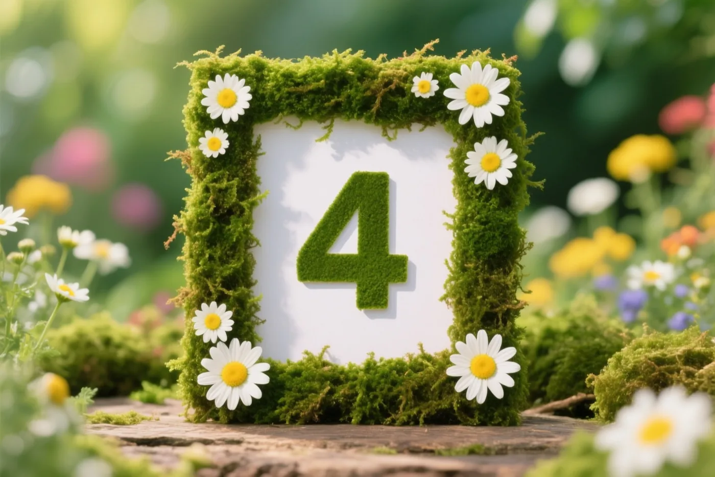 Een vierkante lijst van groen mos met witte madeliefjes omlijst het cijfer 4 op een witte achtergrond in een landelijke tuin.