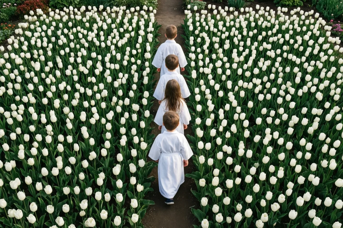 Vier kinderen in witte gewaden lopen met hun rug naar de camera over een pad door een uitgestrekt veld met bloeiende witte tulpen.