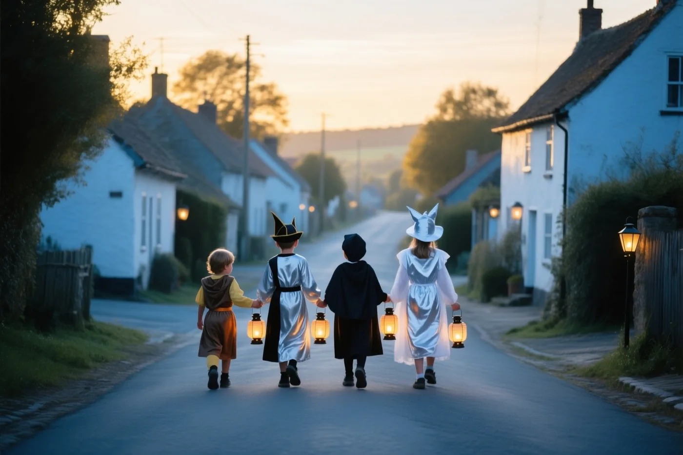 Vier kinderen in halloweenkostuums lopen bij schemering met elk een brandende lantaarn door een dorpsstraat met witgekalkte huizen.