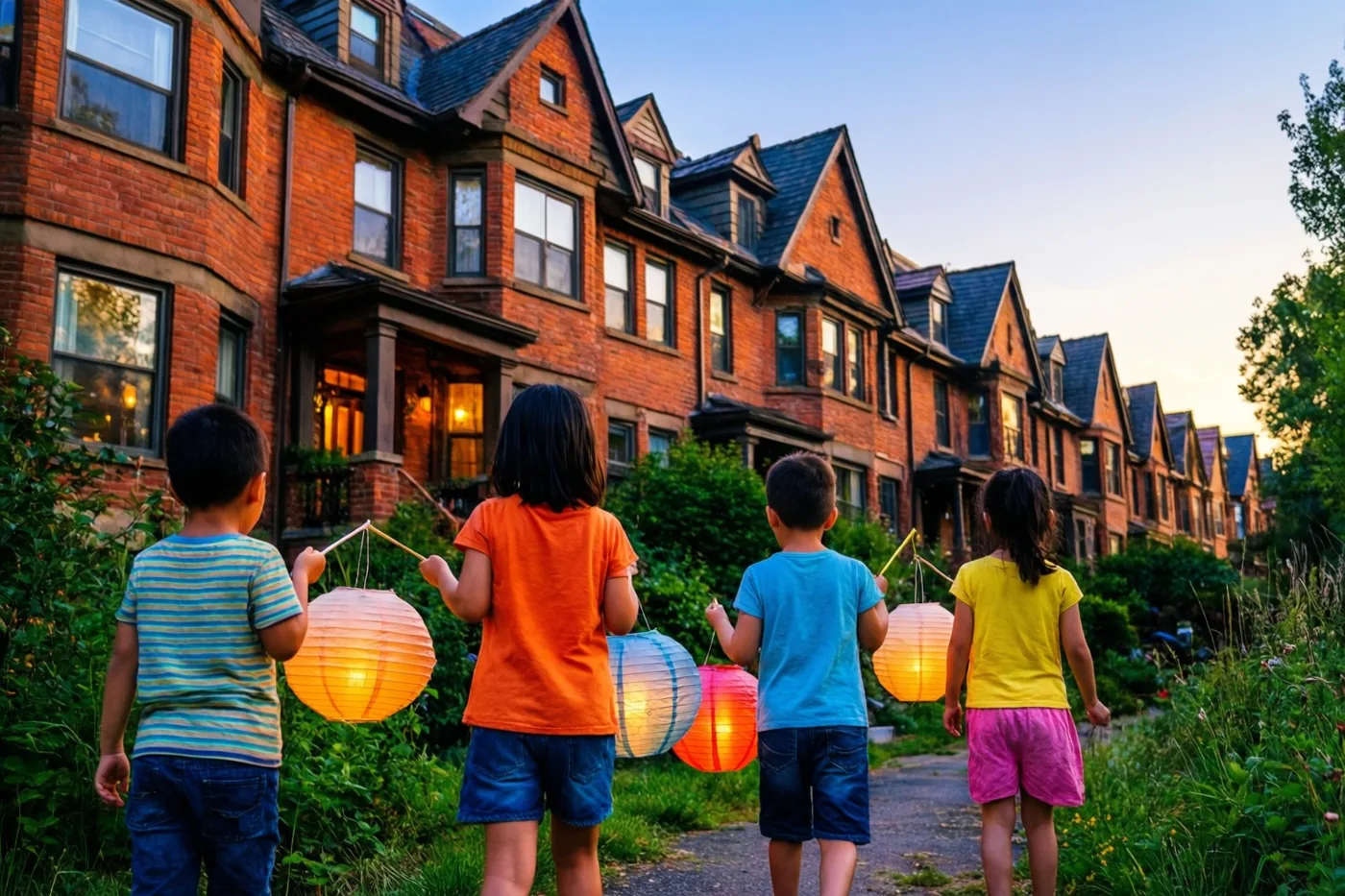 Vier kinderen lopen van de kijker weg op een pad tussen het groen, elk met een lichtgevende papieren lampion, langs rode bakstenen rijhuizen onder een zachtblauwe en oranje avondlucht.