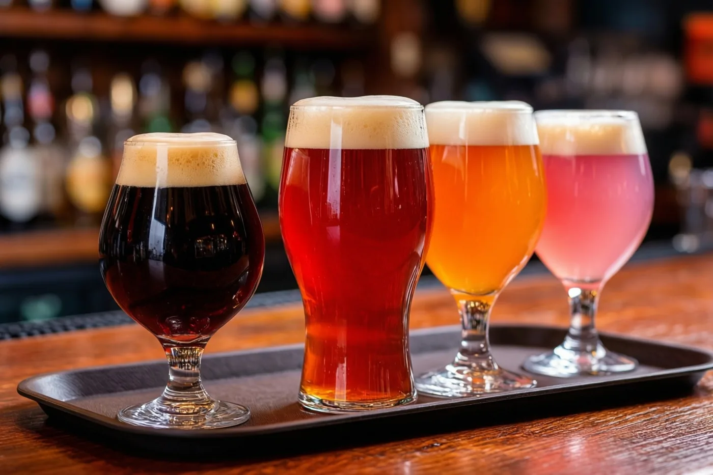 Vier glazen bier in verschillende kleuren, van donker tot roze, staan op een zwart dienblad op een houten toog, met onscherpe flessenrekken erachter.