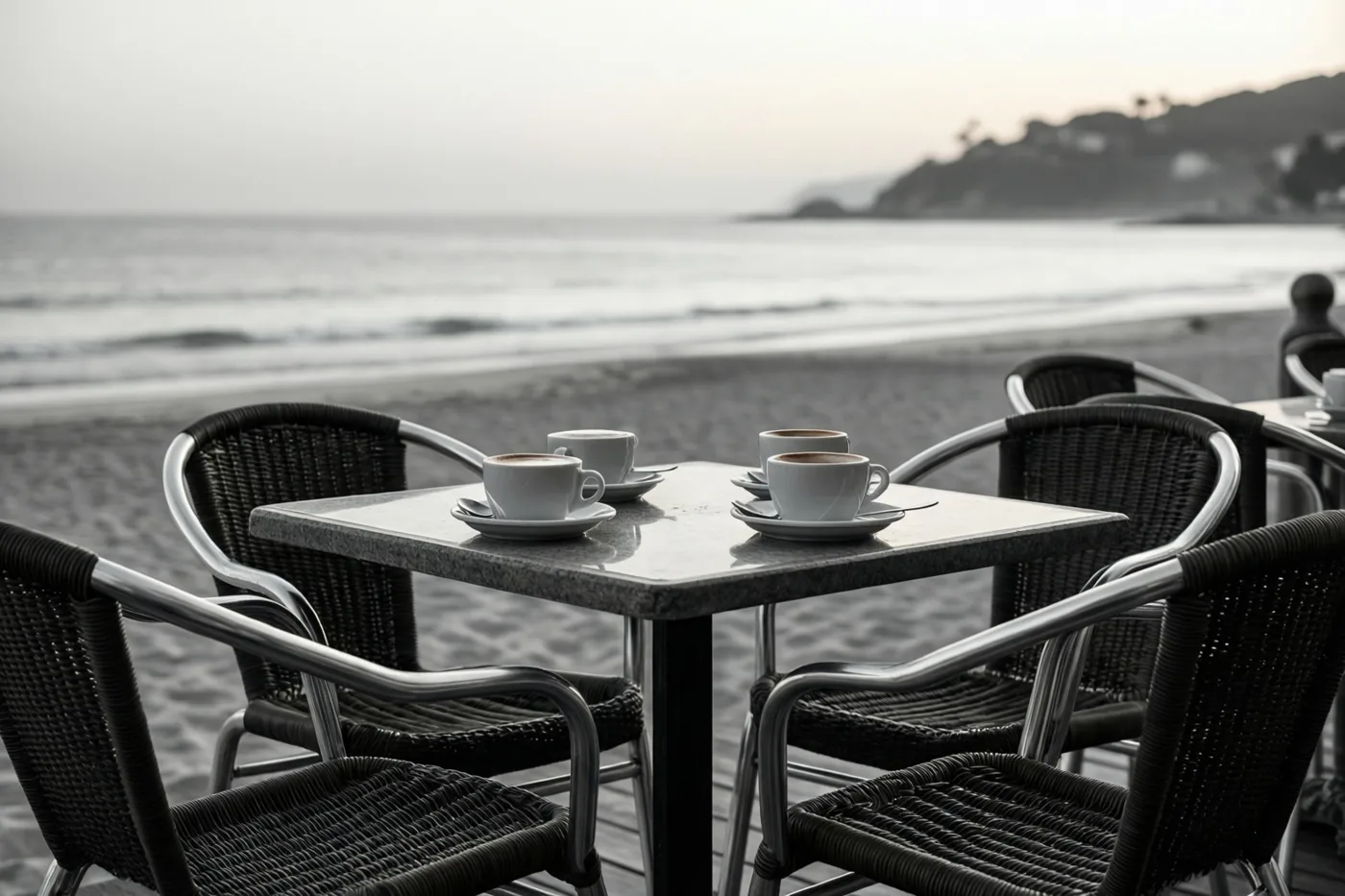 Vier koffiekopjes met schoteltjes staan op een vierkante tafel tussen rieten stoelen op een strandterras, met de zee en een verre kustlijn in het zachte ochtendlicht.
