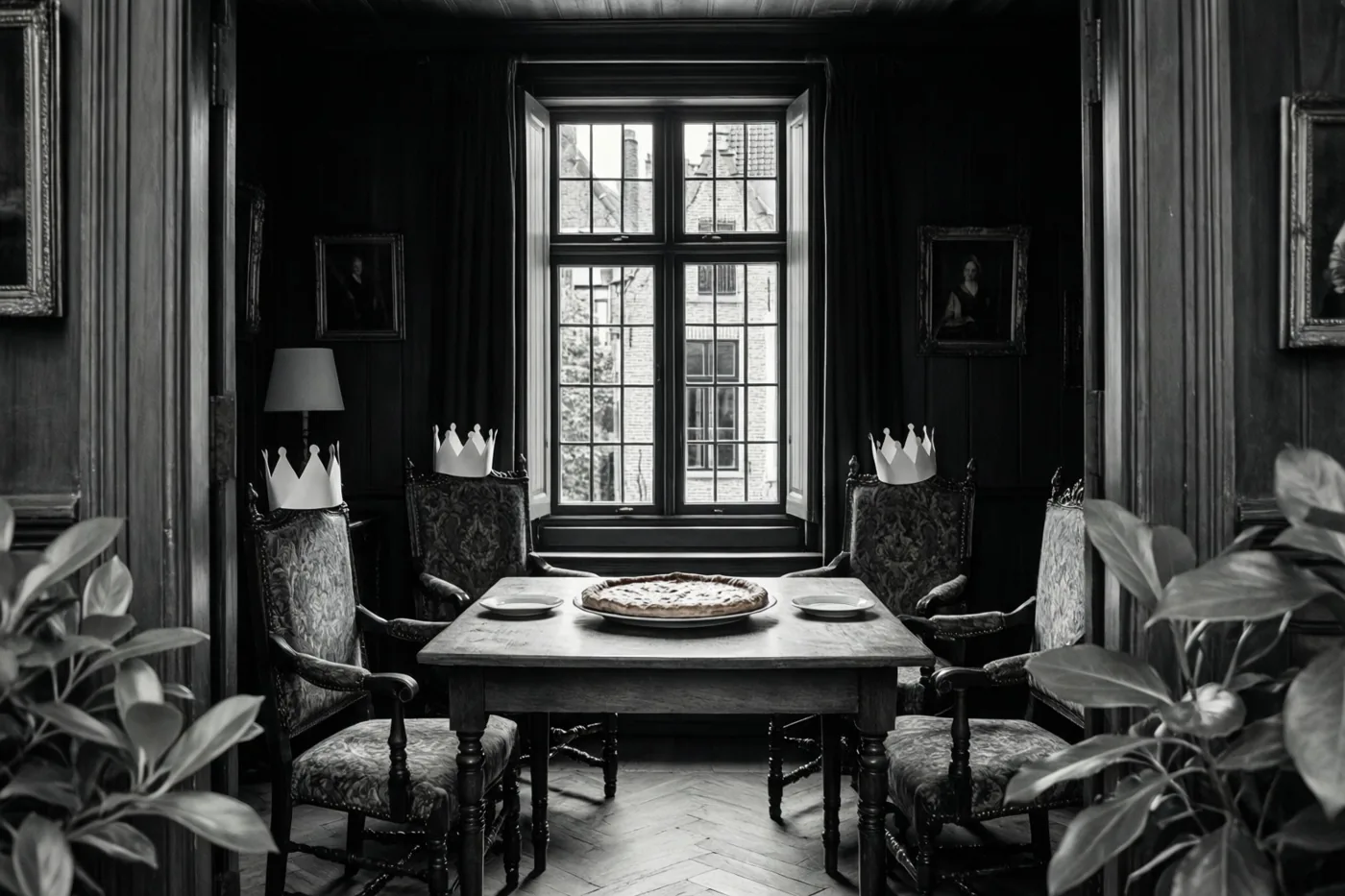 Een zwart-witfoto toont een houten eettafel met een galette en vier stoelen met papieren kronen in een donkere Vlaamse kamer met wandpanelen en een raam dat uitkijkt op een bakstenen gebouw.
