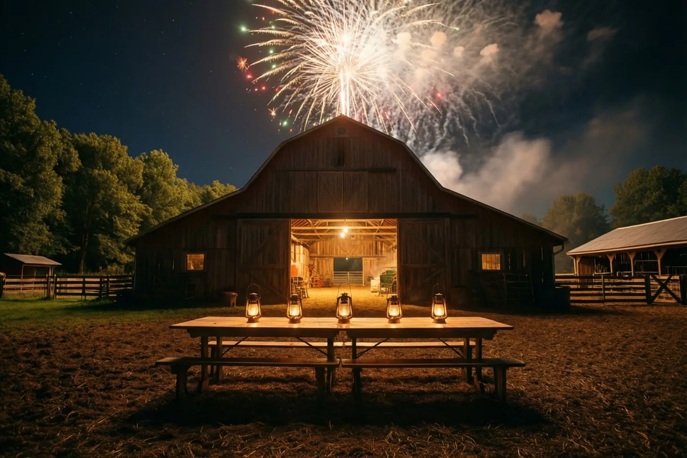 Een houten picknicktafel met vier brandende lantaarns staat op een nachtelijk boerenerf voor een open schuur, met vuurwerk boven het dak.