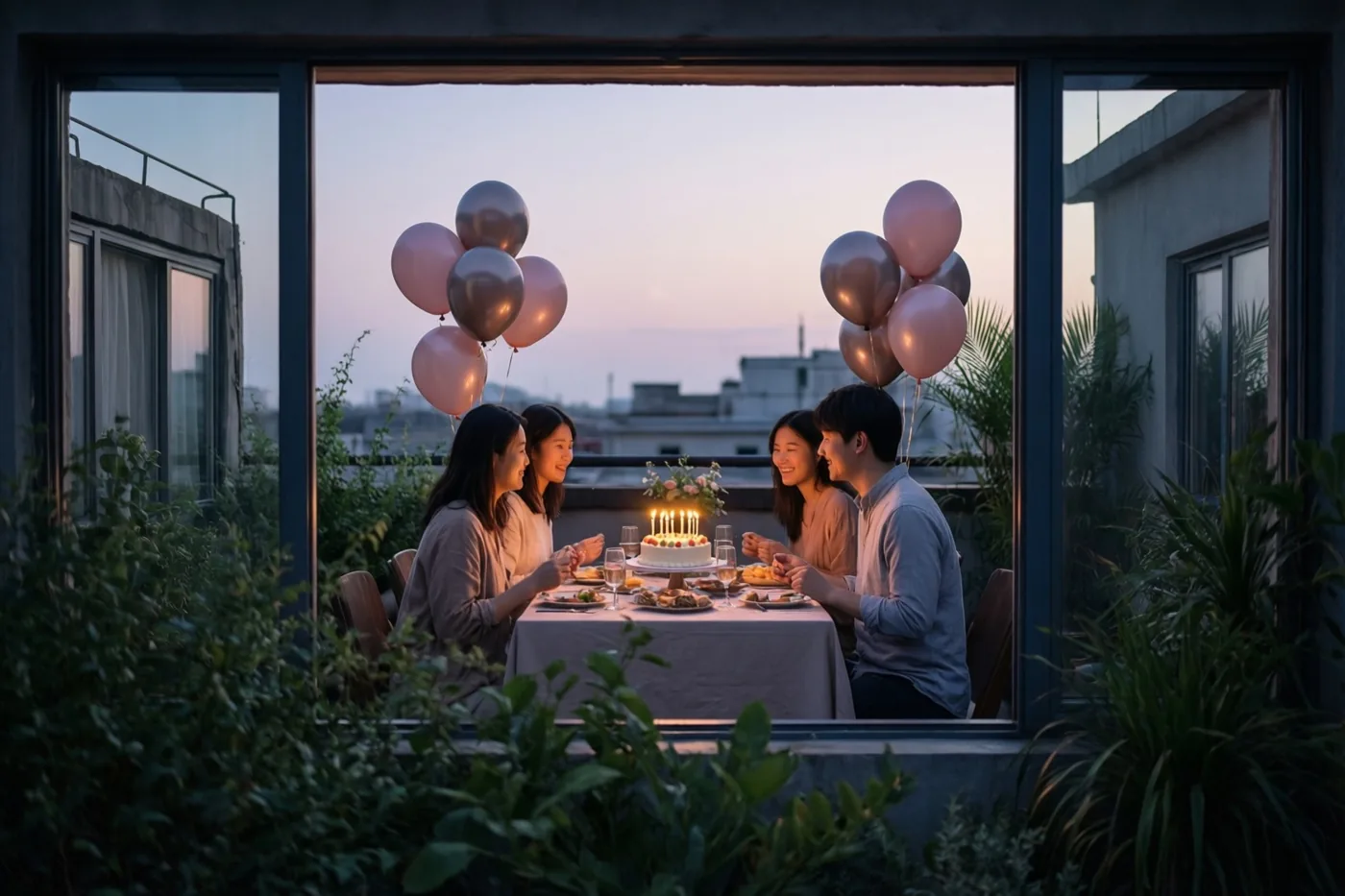 Vier mensen zitten bij schemering rond een tafel op een dak met een taart met brandende kaarsjes en roze en roségouden ballonnen.