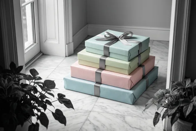 Vier cadeaus in pastelpapier met satijnen linten staan opgestapeld op een witte marmeren vloer in een kamer met een raam en potplanten.