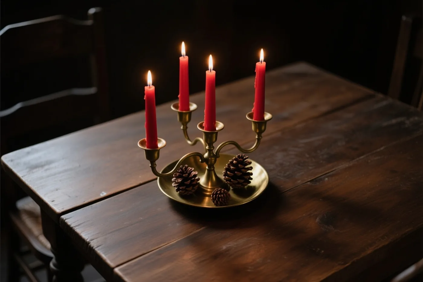 Een messing kandelaar met vier brandende rode kaarsen staat op een donkere houten tafel, met drie dennenappels erbij.