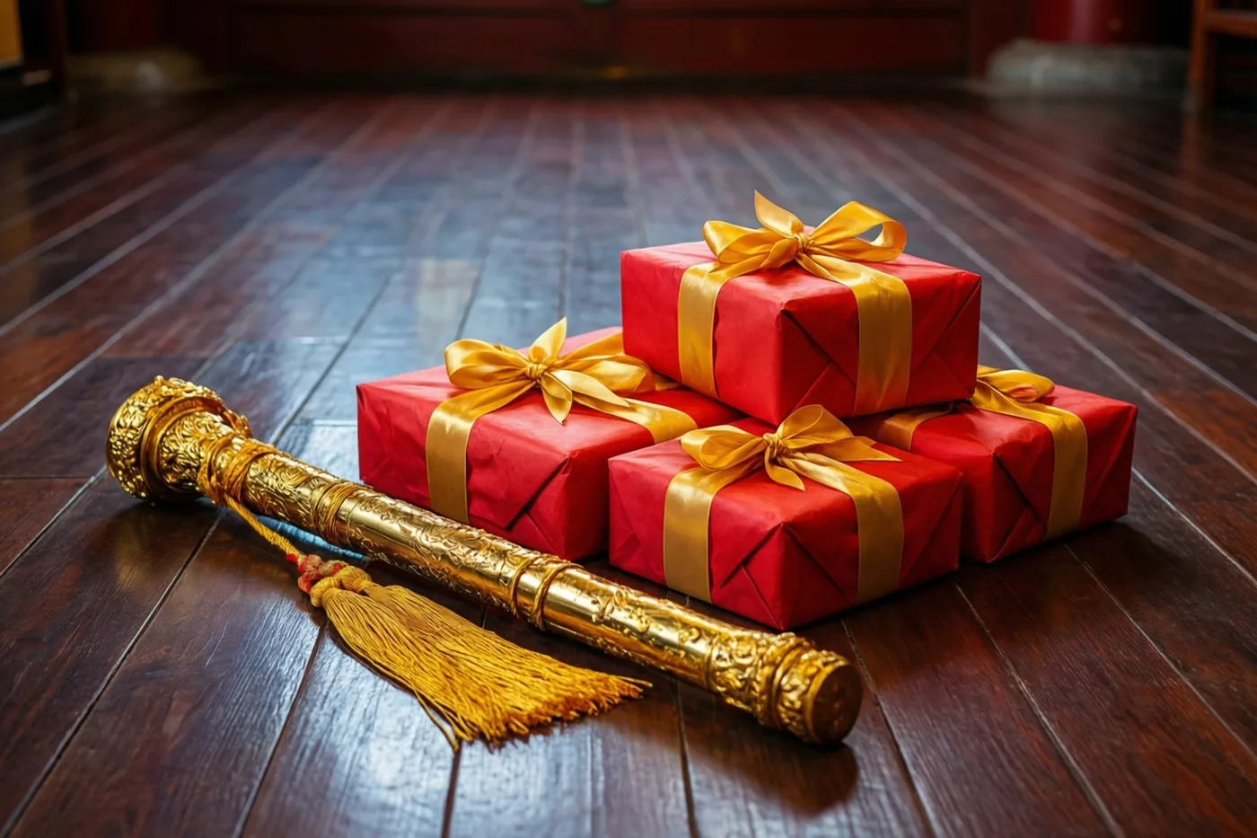 Vier rood ingepakte cadeaus met gouden linten staan naast een sierlijke gouden staf met een kwastje op een donkere houten vloer.