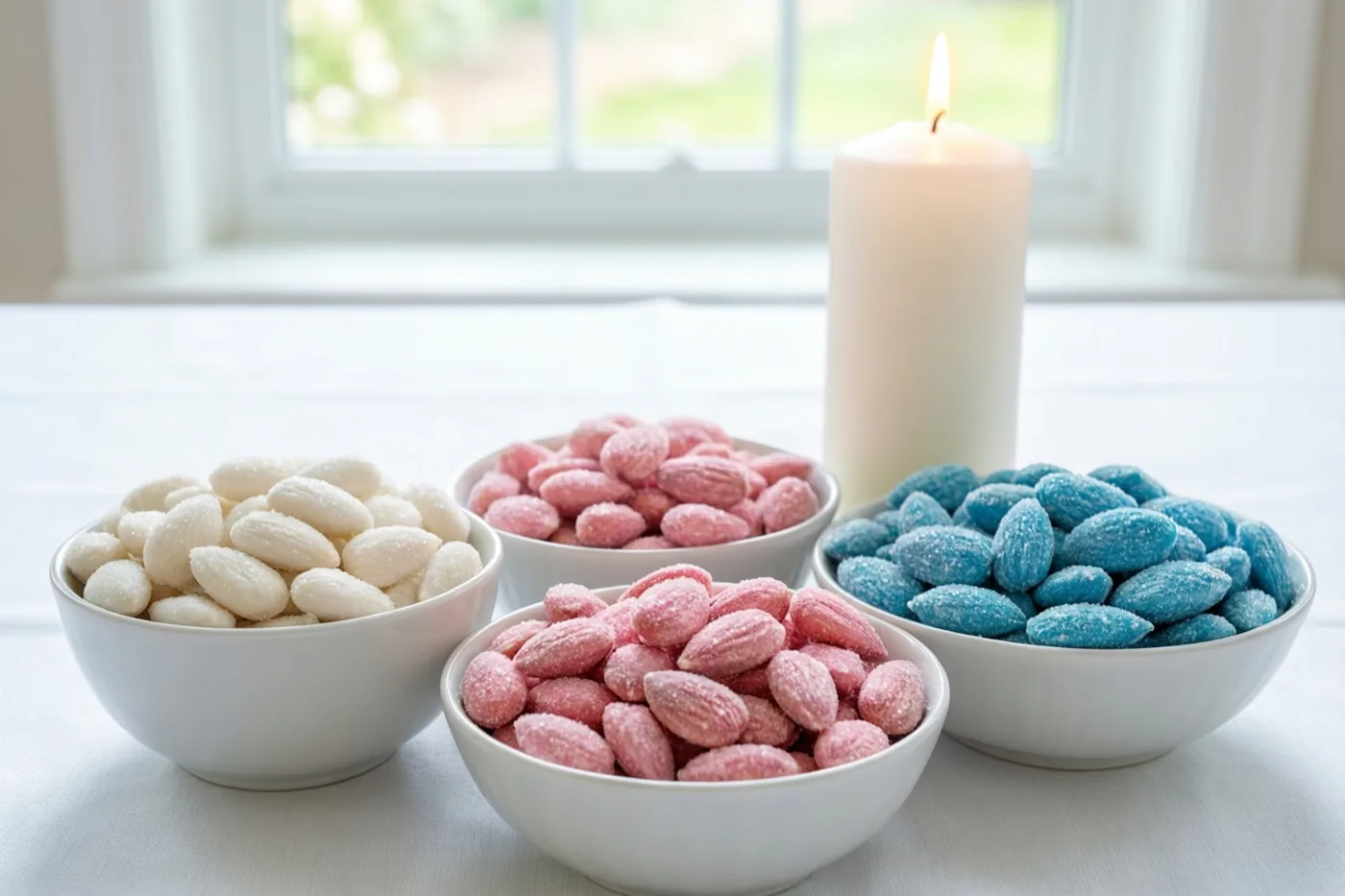 Vier witte schaaltjes met witte, roze en blauwe suikerbonen staan op een wit tafelkleed naast een brandende witte doopkaars, met zacht licht van een raam op de achtergrond.