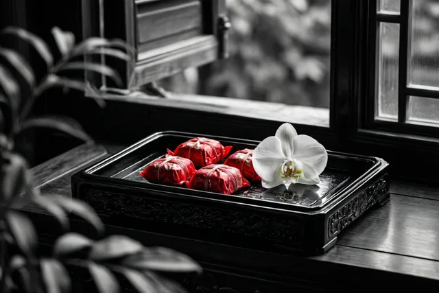 Een zwart gelakt dienblad met vier rood verpakte snoepjes en een witte orchidee staat op hout bij een raam, in een verder monochrome omgeving.