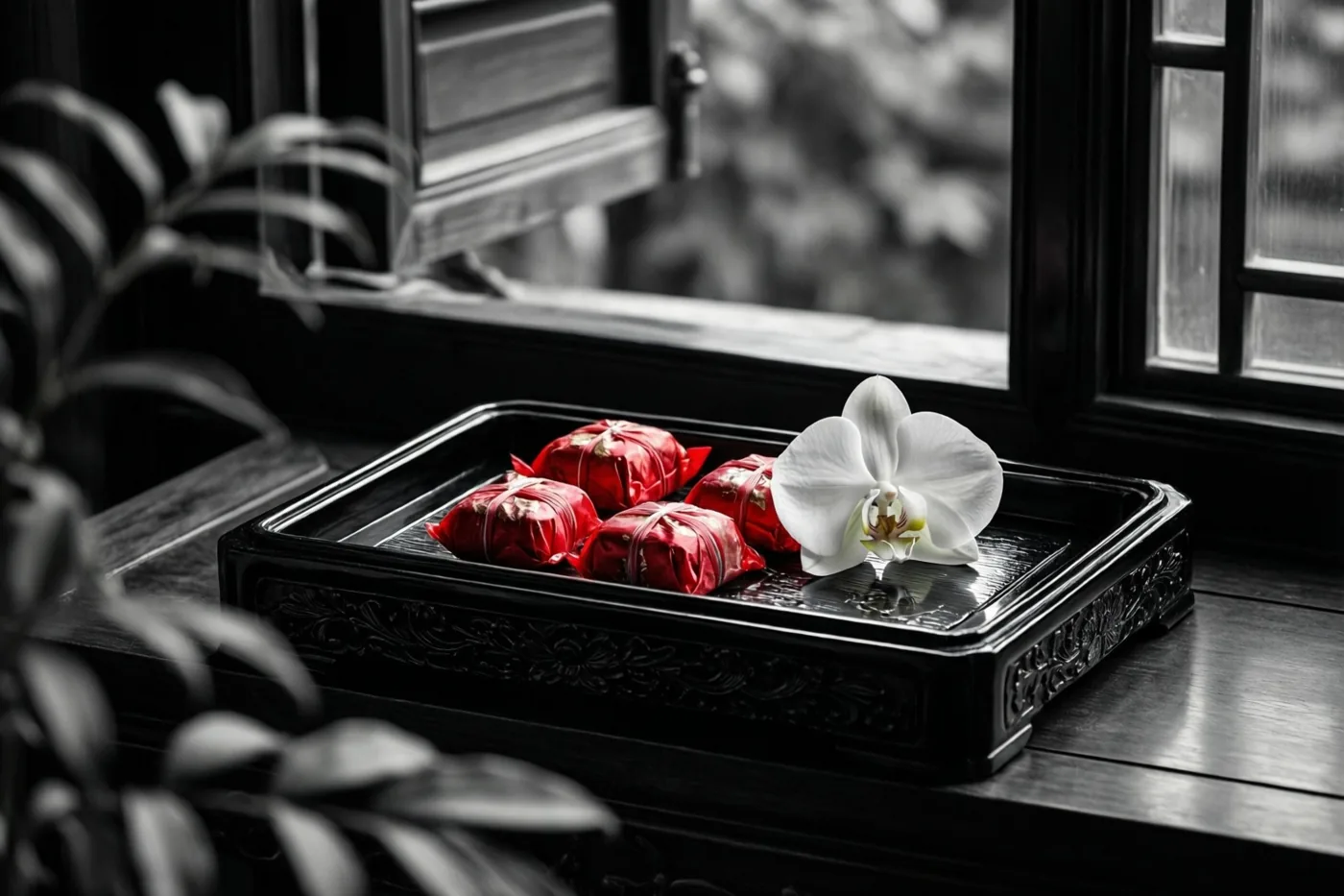 Een zwart gelakt dienblad met vier rood verpakte snoepjes en een witte orchidee staat op hout bij een raam, in een verder monochrome omgeving.
