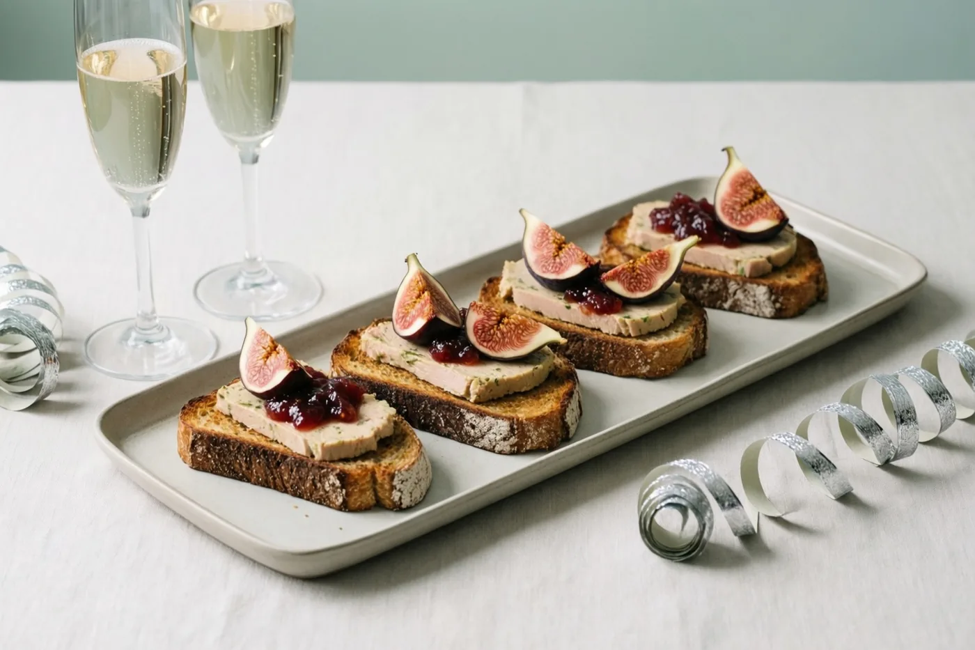 Vier toastjes met foie gras, vijgenconfituur en plakjes vijg liggen op een lange schaal op een wit tafelkleed naast twee champagneglazen en zilveren krulslingers.