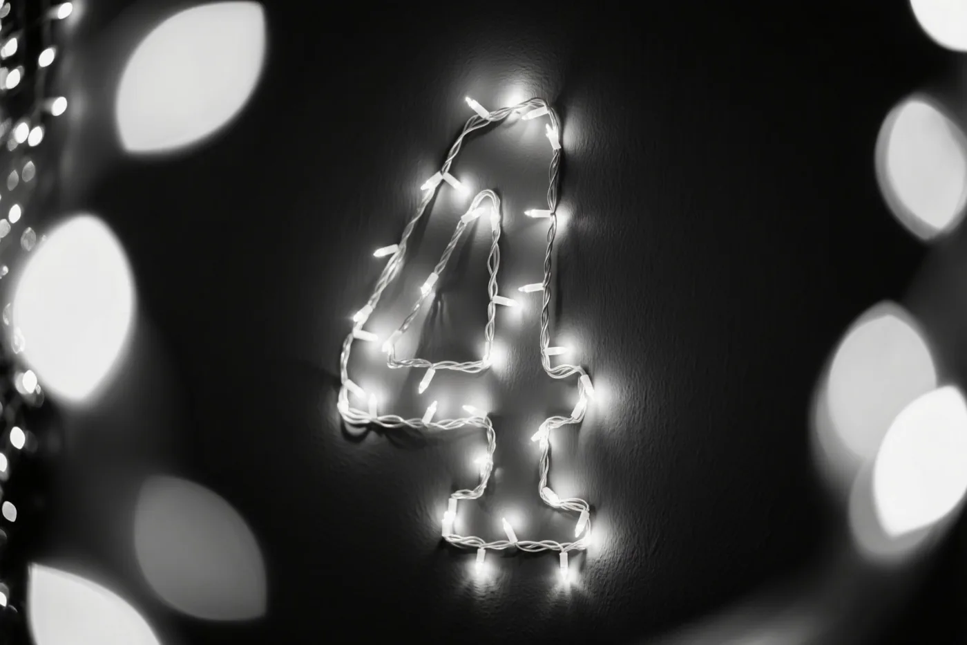 Gloeiende lichtjes vormen het cijfer 4 op een donkere muur, met onscherpe lichtjes op de achtergrond.
