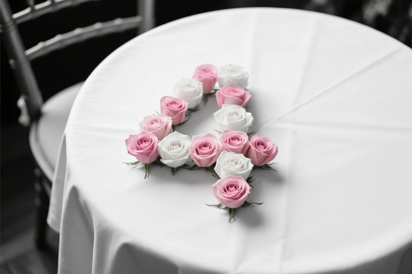 Roze en witte rozen vormen van bovenaf gezien het cijfer 4 op een wit tafelkleed, met een stoel op de achtergrond.