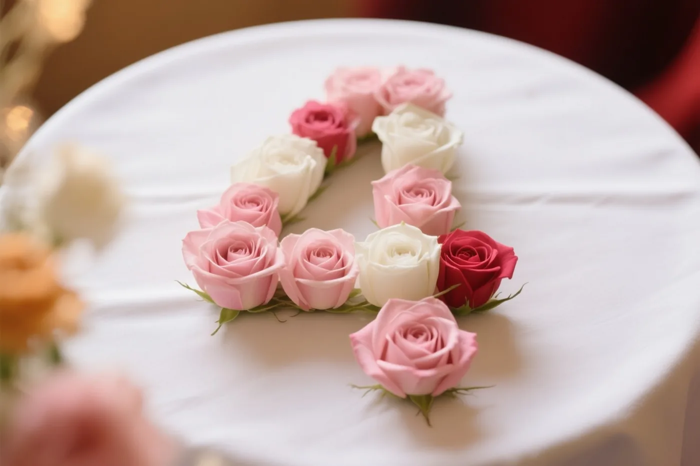 Roze en witte rozen liggen in de vorm van het cijfer 4 op een wit tafelkleed in zacht licht.