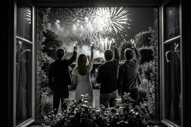 Vier vrienden staan van achteren gezien in een tuin en heffen wijnglazen onder het vuurwerk op een zwart-witfoto.