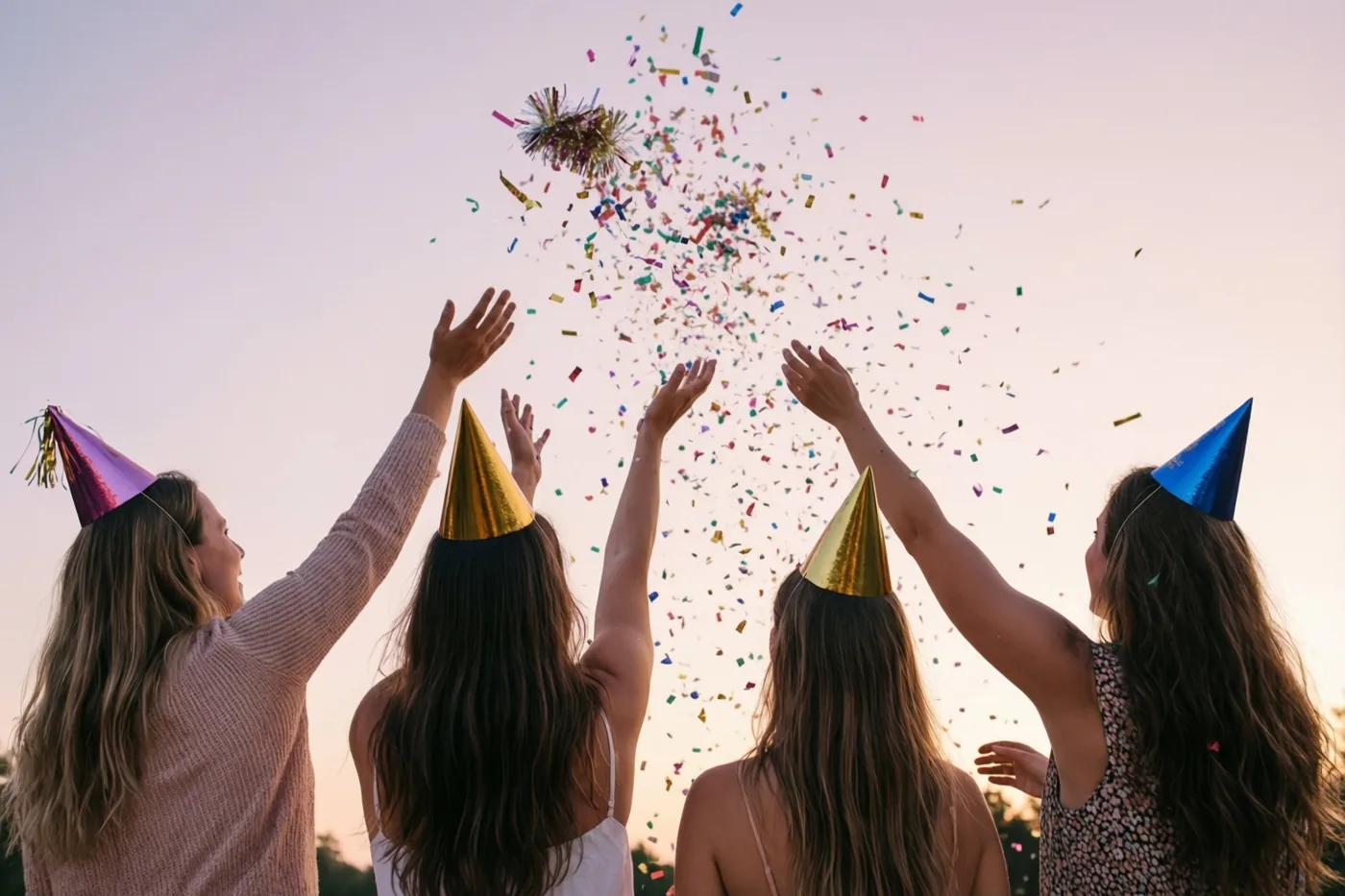 Vier vrienden met kleurrijke feesthoedjes gooien van achteren gezien confetti omhoog tegen een zachte schemerlucht in roze, gouden en blauwe tinten.