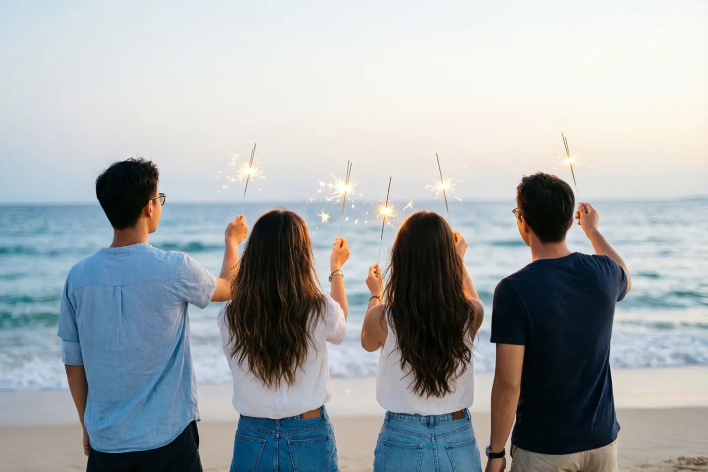 Vier vrienden staan met hun rug naar de kijker op het strand en houden brandende sterretjes vast terwijl ze naar zee kijken in warm gouden licht.