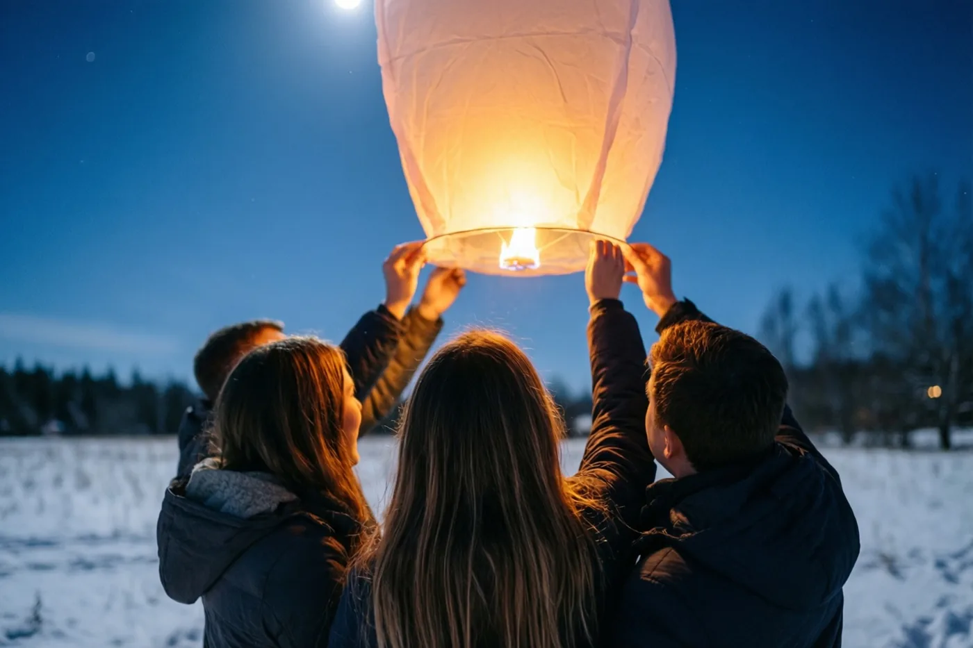 Vier vrienden houden, van achteren gezien, een gloeiende papieren lantaarn boven hun hoofd op een besneeuwd veld, onder een diepblauwe nachthemel met een heldere maan.