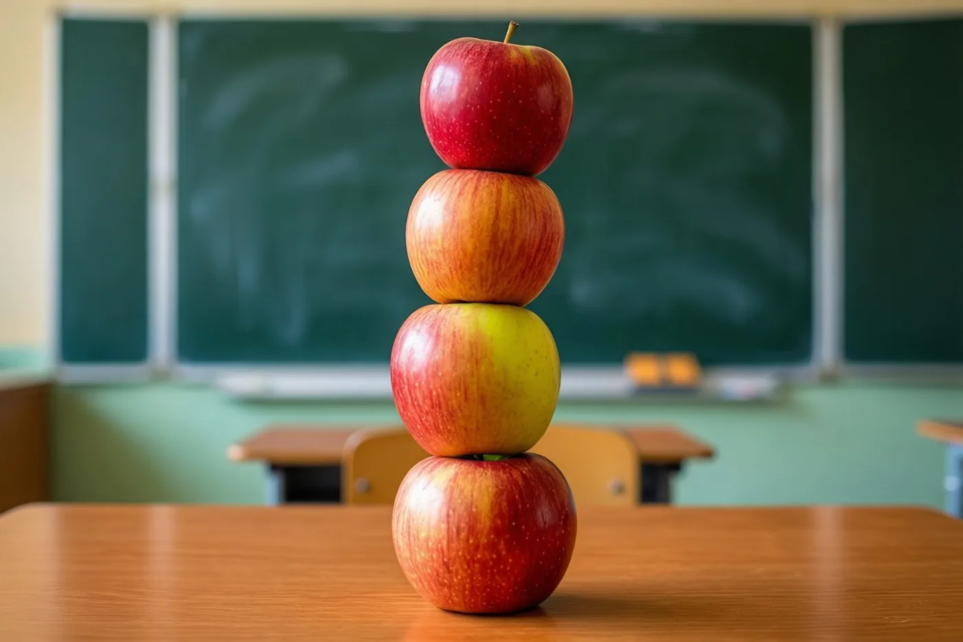 Vier appels staan wankel op elkaar op een houten bureau in een klaslokaal met een groen schoolbord en schoolbanken.