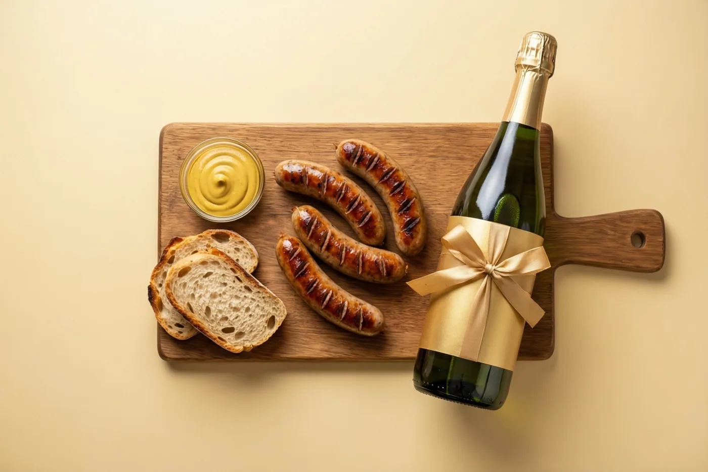 Vier gegrilde worsten, sneetjes brood met een krokante korst en een kommetje gele mosterd liggen op een houten snijplank naast een groene fles met gouden lint tegen een beige achtergrond.
