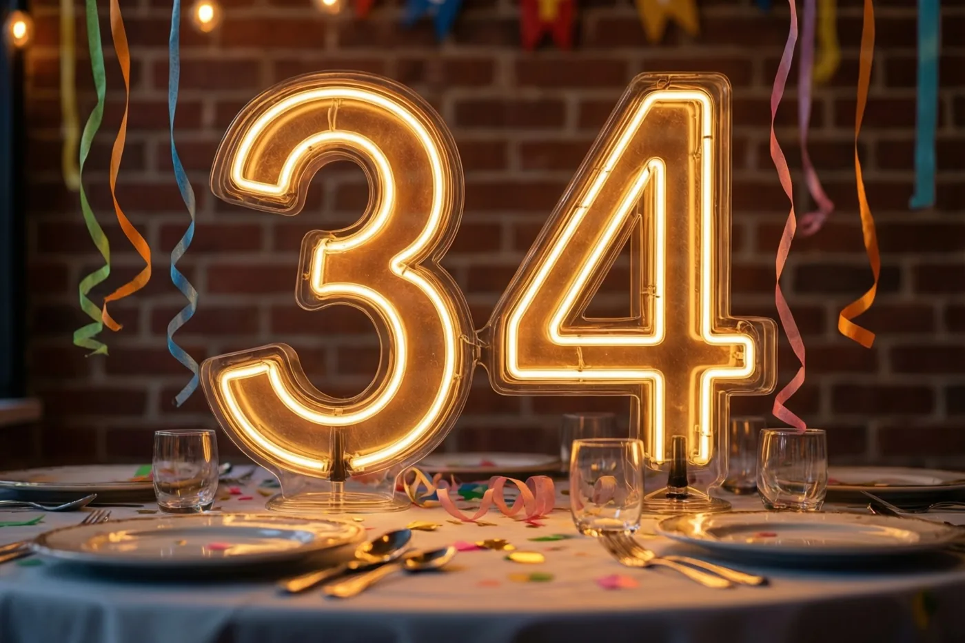 Een oplichtend neoncijfer 34 hangt tegen een bakstenen muur boven een feesttafel met slingers en borden.