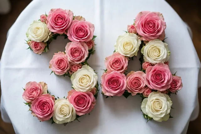 Van bovenaf is het getal 34 te zien, gevormd uit roze en witte rozen op een wit tafelkleed.