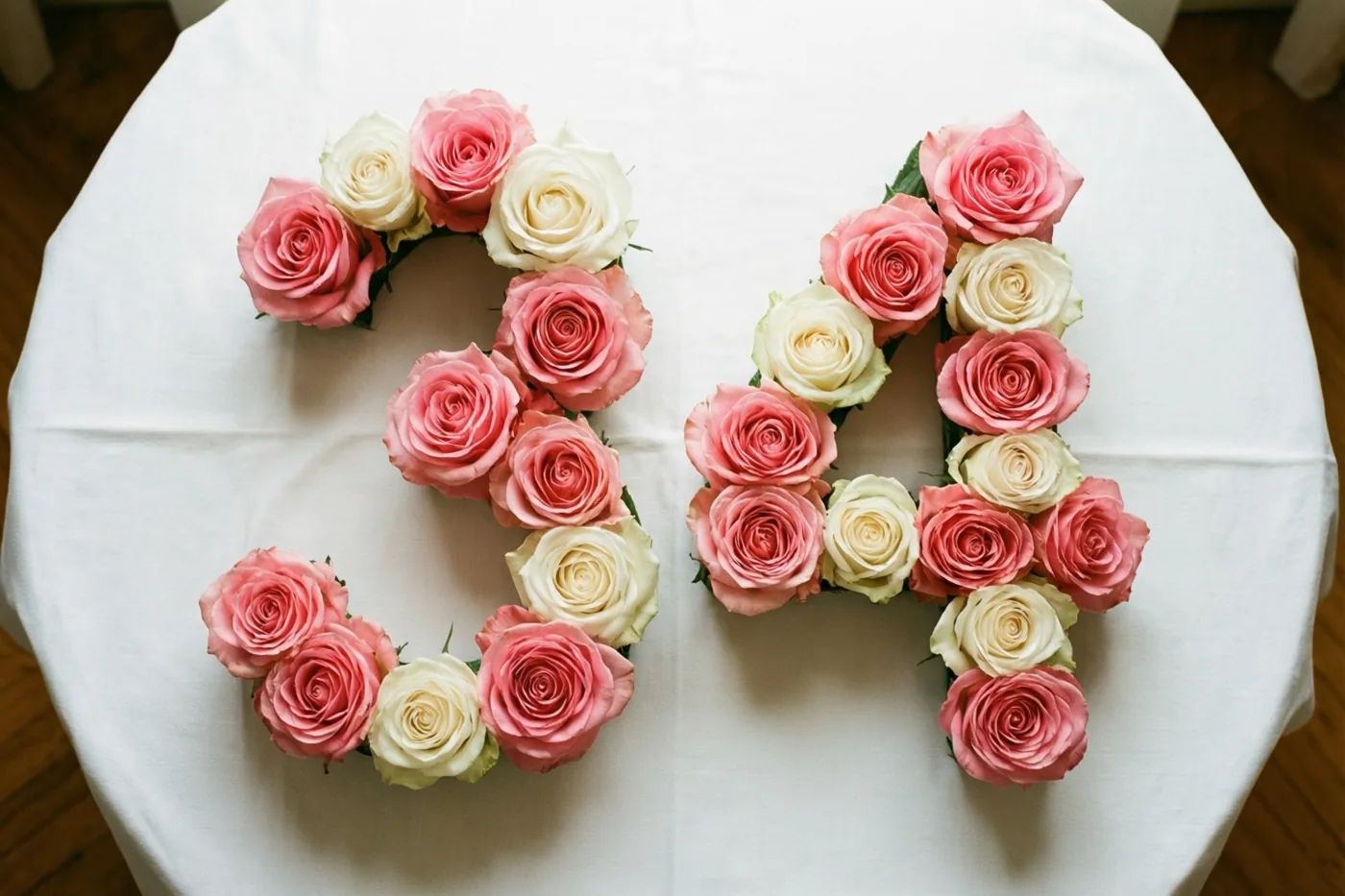 Roze en witte rozen vormen het getal 34 op een wit tafelkleed, van bovenaf gezien.