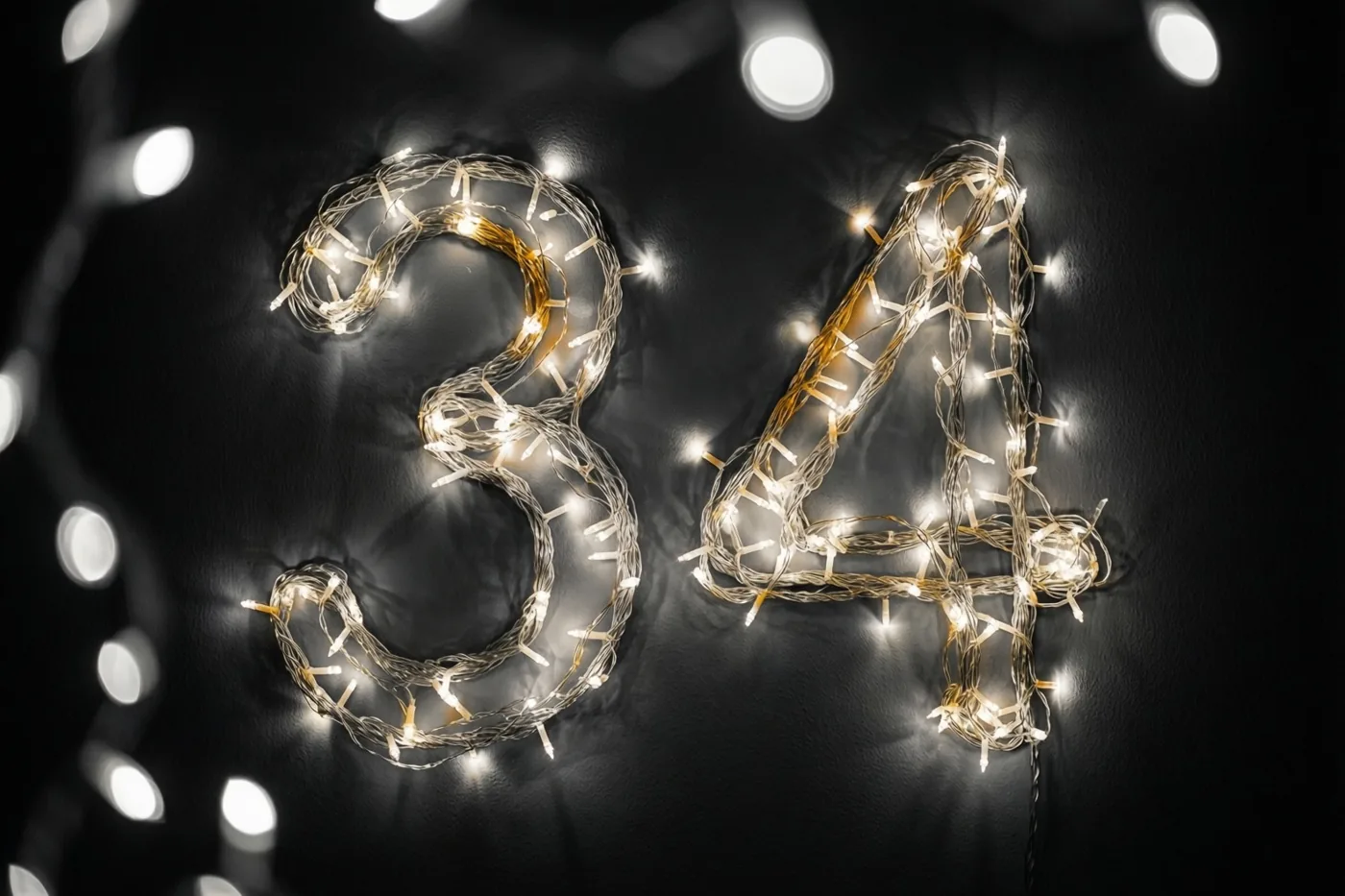 Warme lichtslingers vormen het getal 34 op een donkere muur, met onscherpe lichtjes op de achtergrond.