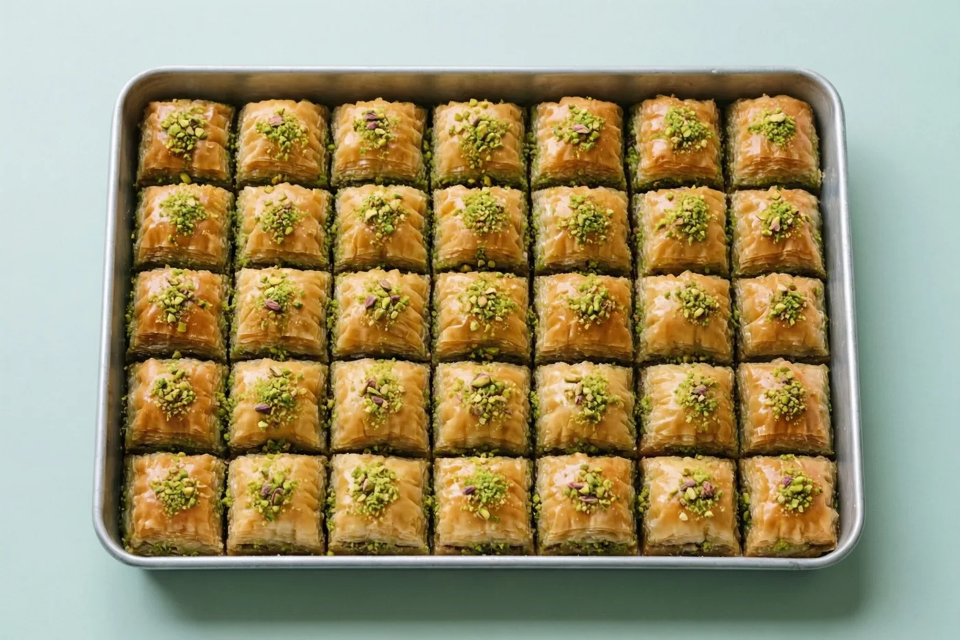Vierkante goudbruine stukken baklava met gehakte groene pistachenoten liggen netjes op een metalen dienblad tegen een effen lichtblauwe achtergrond.