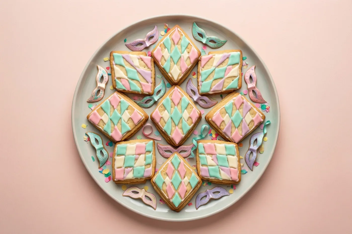 Een bord vierkante koekjes met kleurrijke ruiten van glazuur staat op een lichtroze ondergrond tussen kleine maskers en verspreide confetti.