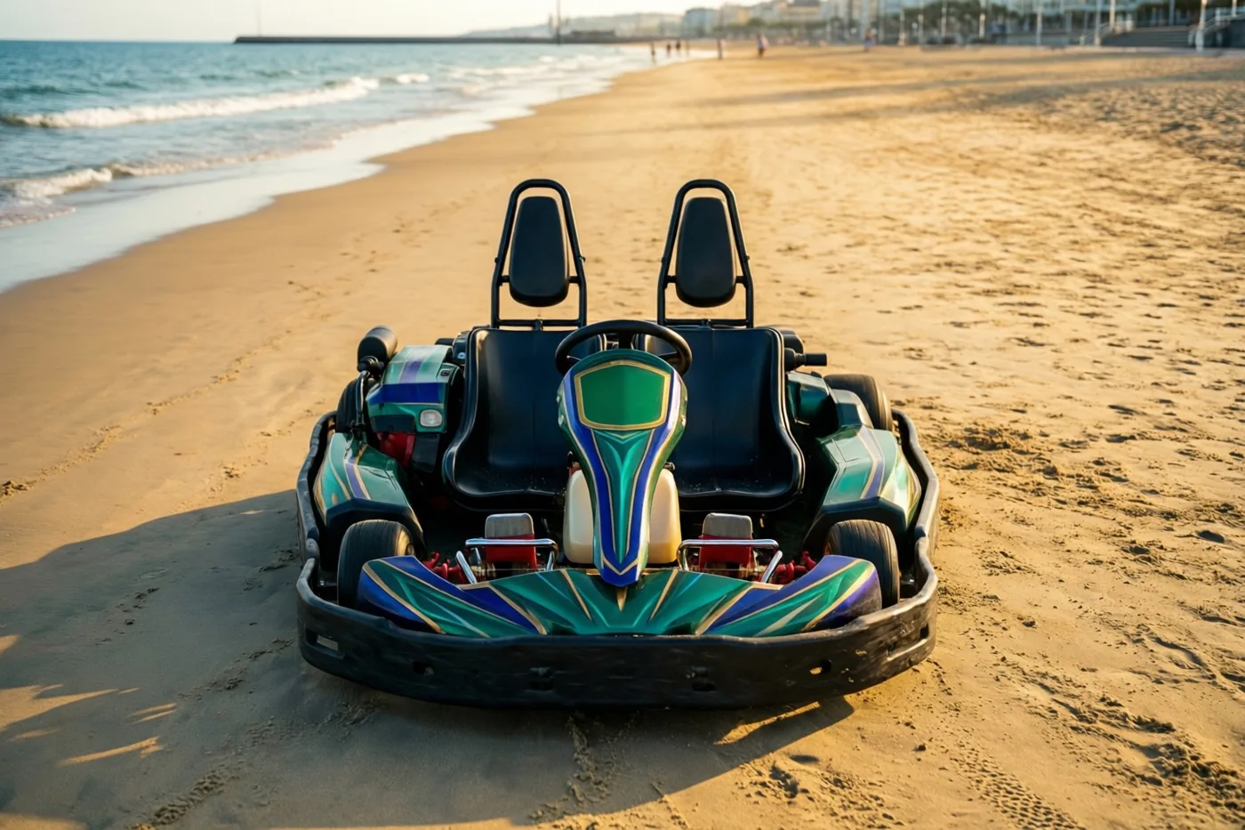 Een vierpersoonsgocart met groene, blauwe en zwarte accenten staat op een breed zandstrand langs een zeepromenade, met de zee en gebouwen in de verte in warm zomerlicht.