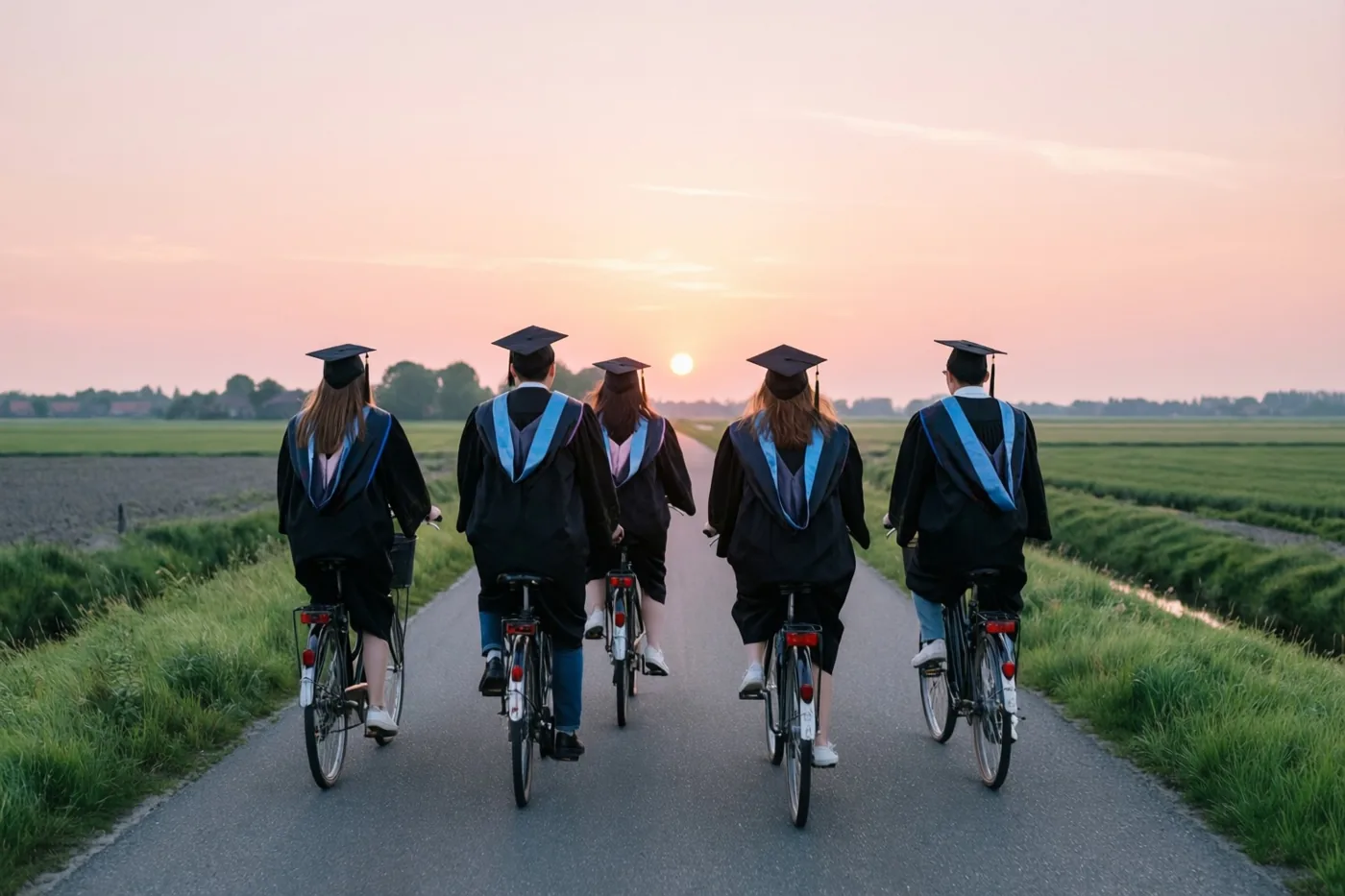 Vijf afgestudeerden in zwarte toga's en afstudeerhoeden fietsen van de camera weg achter elkaar over een landelijke weg tussen groene velden, onder een roze-oranje avondlucht.