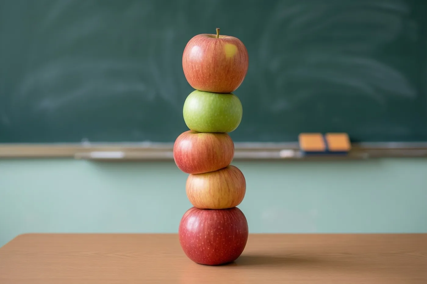 Vijf rode tot groene appels staan wankel op elkaar op een houten bureau voor een groen schoolbord met vage krijtsporen en een richel met bordwissers.