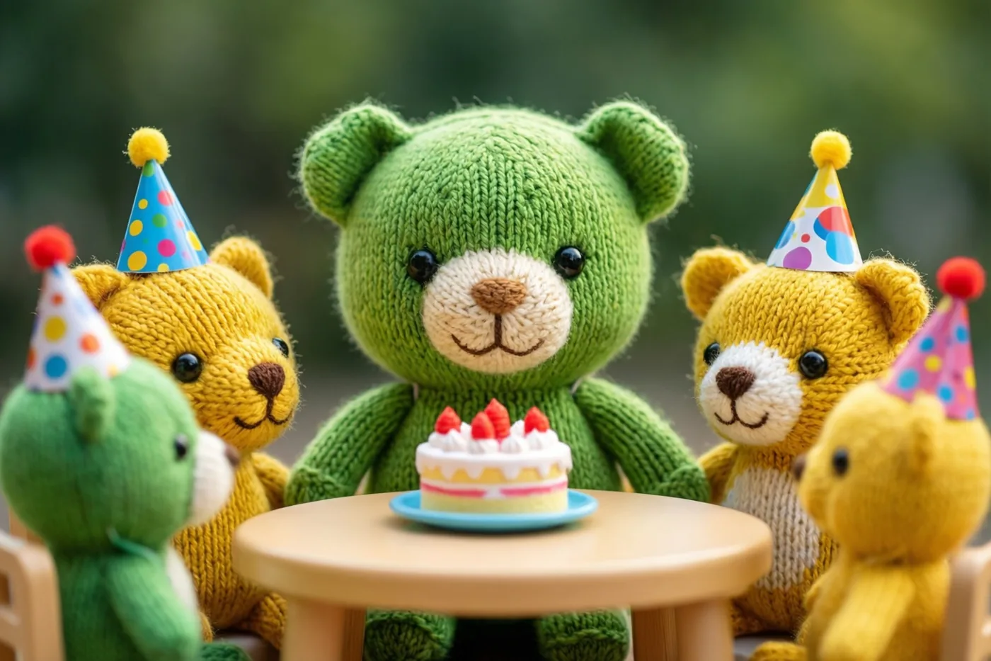 Vijf gebreide teddyberen, twee groene en drie gele, dragen kleurrijke papieren feesthoedjes rond een houten buitentafeltje met een aardbeientaartje, tegen een wazige groene achtergrond.