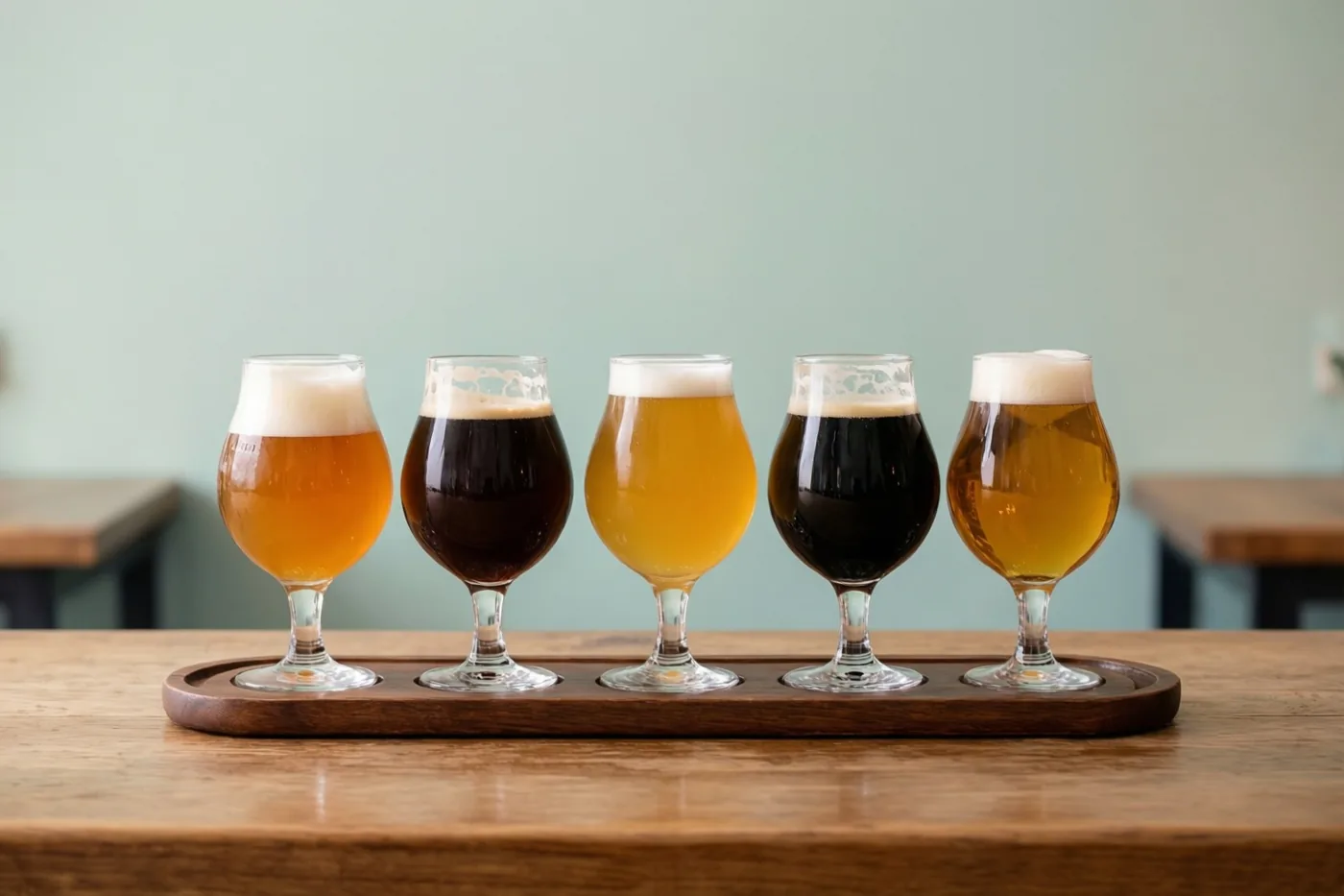 Vijf glazen bier van licht amberkleurig tot zwart staan op een rij op een houten proefplank op een toog, voor een lichtgroene muur.