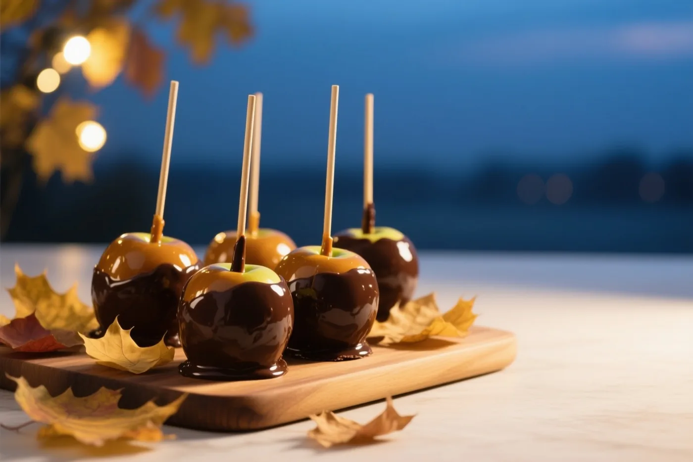 Vijf karamelappels op stokjes met pure chocolade staan op een houten plank tussen herfstbladeren, tegen een schemerige achtergrond met onscherpe warme lichtjes.