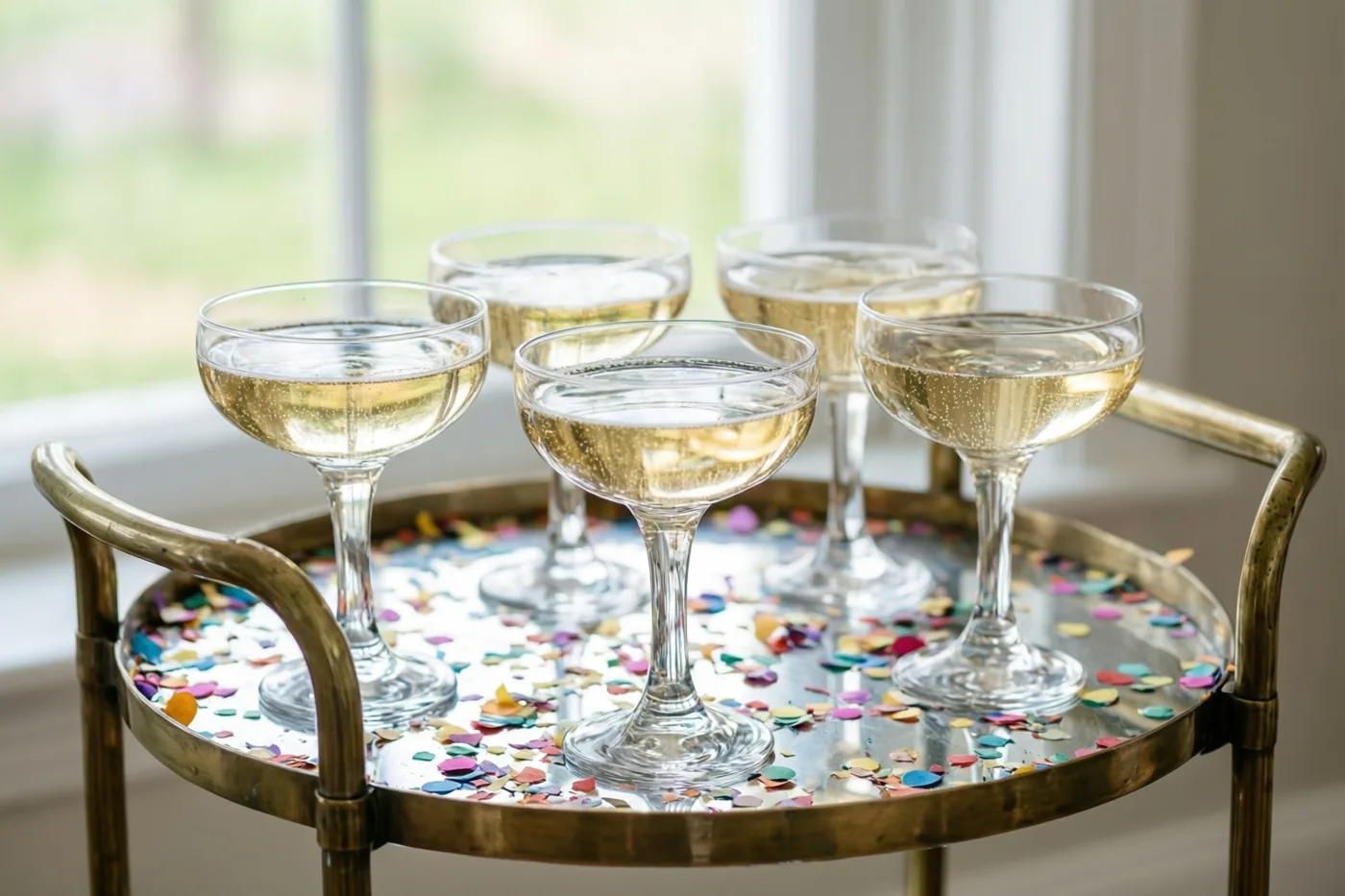 Vijf oude champagnecoupes met bubbels staan op een ronde messing serveerwagen met kleurrijke confetti, bij een raam met zacht daglicht.