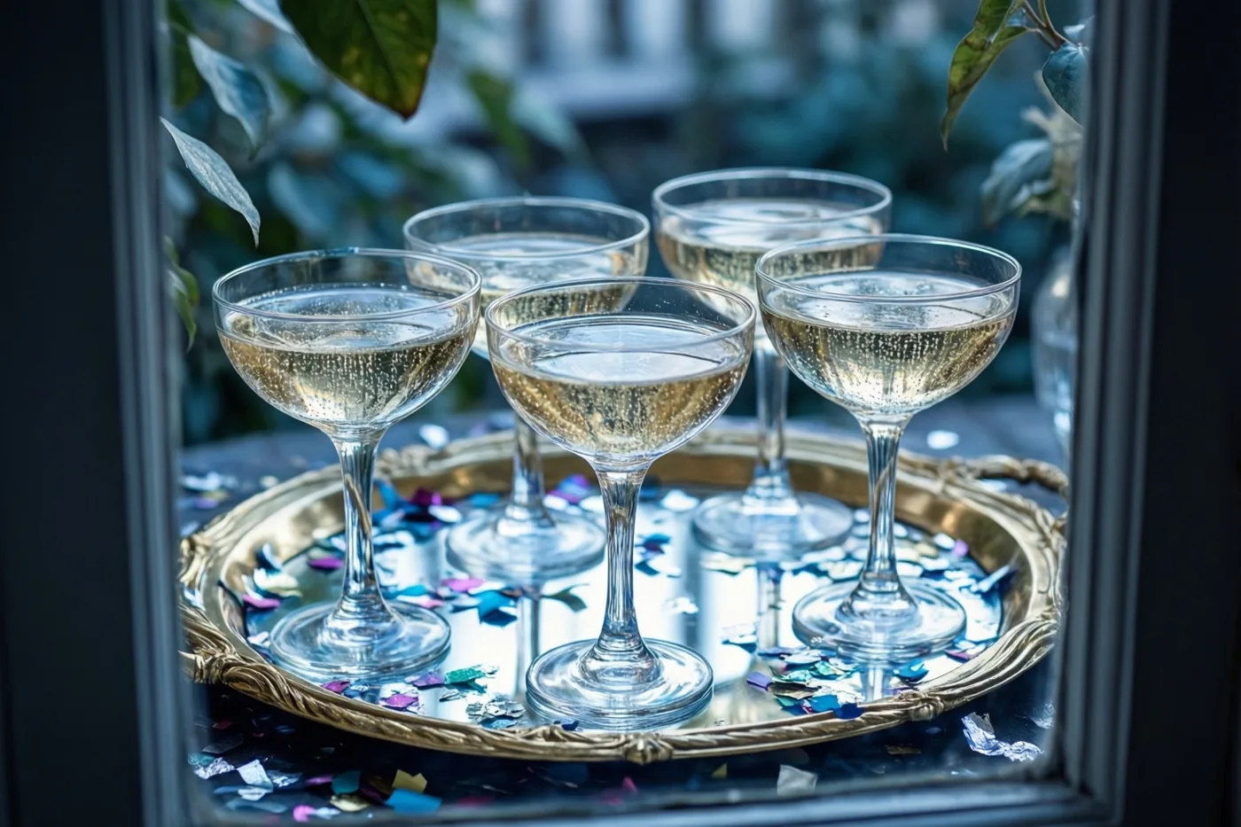 Door een raamkozijn zijn vijf gevulde champagnecoupes op een sierlijk gouden spiegelblad met confetti te zien, tegen een onscherpe achtergrond van groen gebladerte.