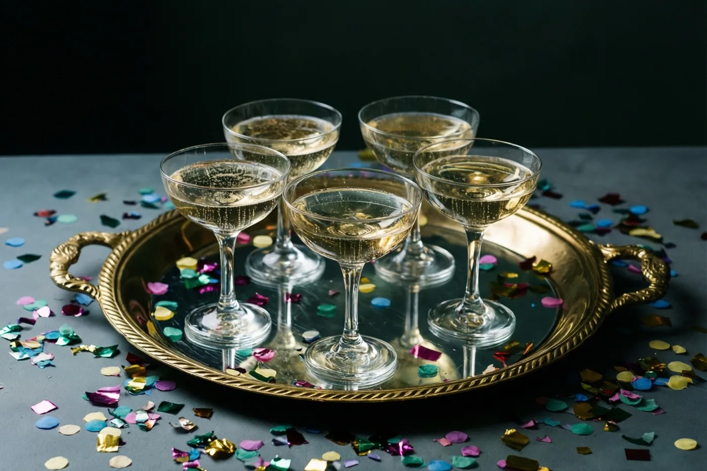 Vijf champagnecoupes met een sprankelende drank staan op een gouden spiegelblad, met kleurrijke confetti rondom op een donker oppervlak.