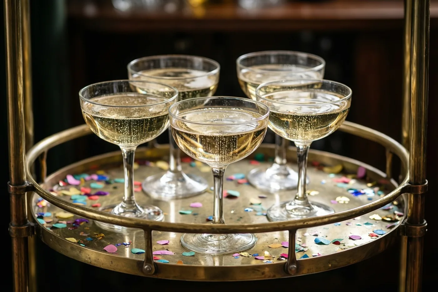 Vijf oude champagnecoupes met sprankelende drank staan op een ronde messing serveerwagen waarvan het blad met kleurrijke confetti is bestrooid.