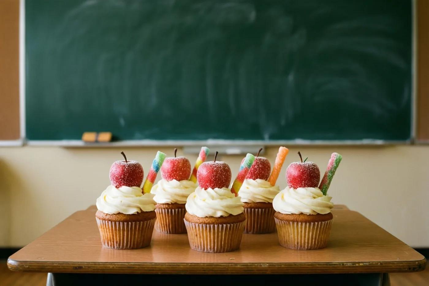 Vijf cupcakes met wit glazuur, gesuikerde appeltjes en kleurrijke snoepstaafjes staan op een houten schoolbank voor een groen krijtbord met vage krijtsporen.
