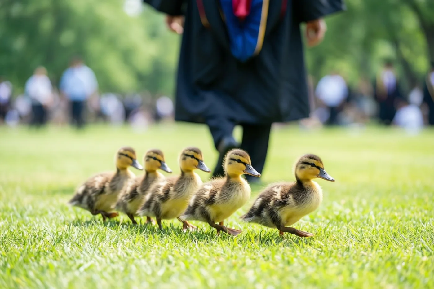 Vijf eendjes lopen achter elkaar over een felgroen gazon achter een persoon in een afstudeertoga, van achteren gezien bij helder daglicht met onscherpe bomen en mensen op de achtergrond.